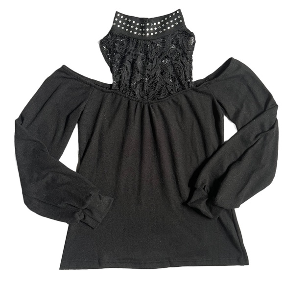 NWOT CHICME BLACK LONG SLEEVE MOCKNECK BLOUSE W/ BLING, LACE AND COLD SHOULDERS - Picture 1 of 8